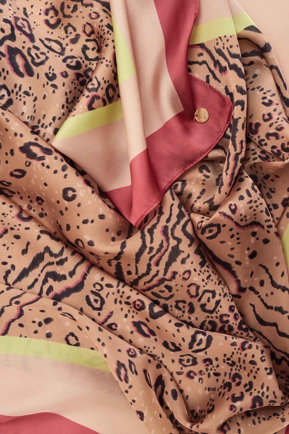 Beige Animal Print Scarf With Neon Strip, Women, Camel, large image number 1