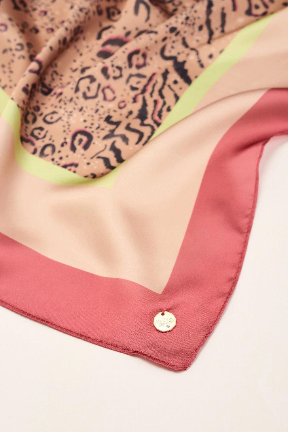 Beige Animal Print Scarf With Neon Strip, Women, Camel, large image number 2