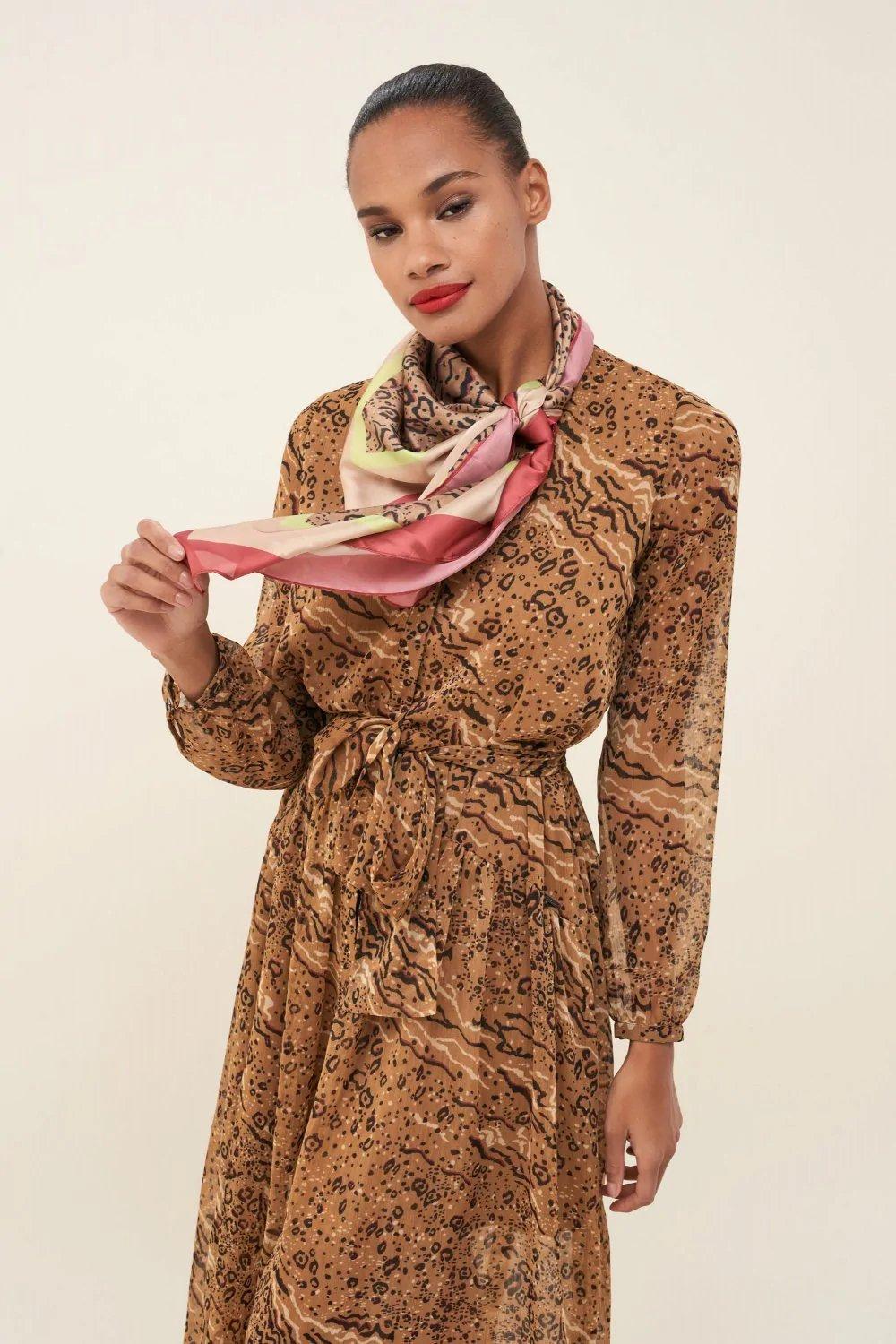 Beige Animal Print Scarf With Neon Strip, Women, Camel, large image number 3