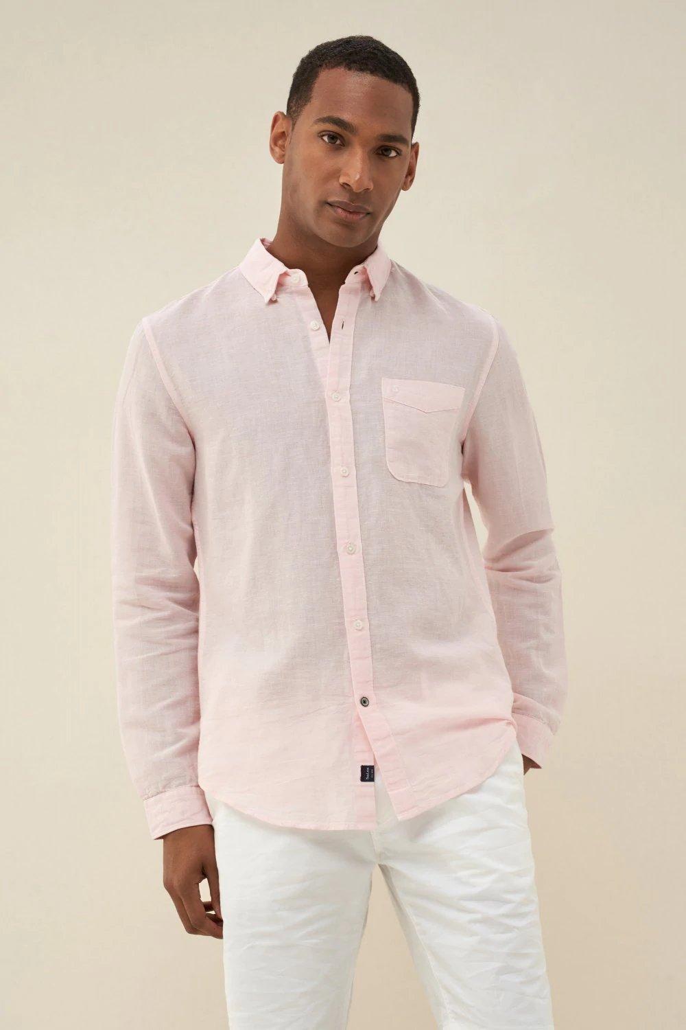 Pink Slim Fit Linen Shirt, , large image number 0