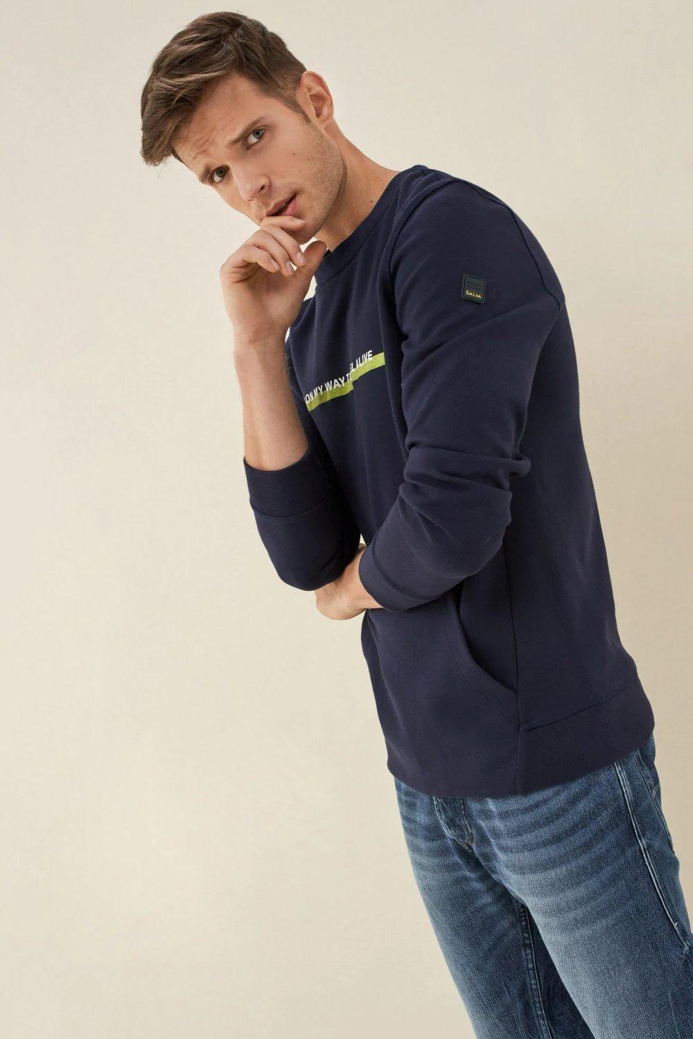Salsa Jeans Blue Slim fit Denim 2GO sweater with hood | Azadea Lebanon