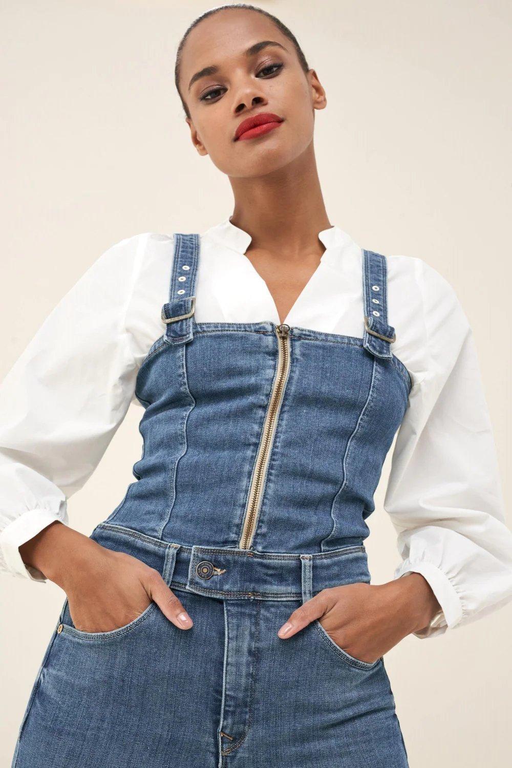 Blue Push In Denim Dungarees, , large image number 1