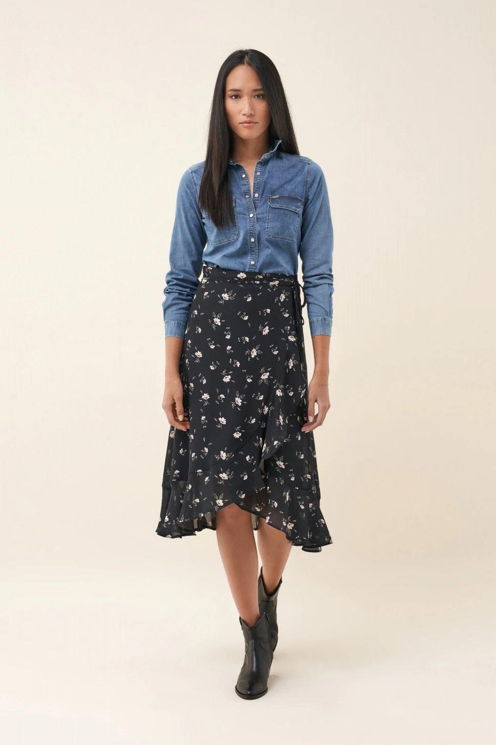 Black Floral Frilly Midi Skirt, , large image number 0