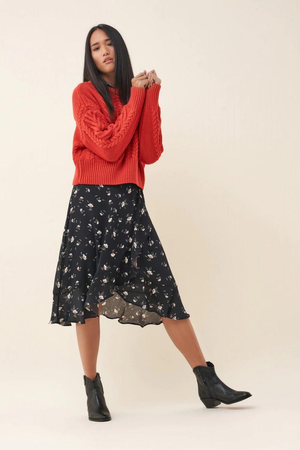 Black Floral Frilly Midi Skirt, , large image number 1