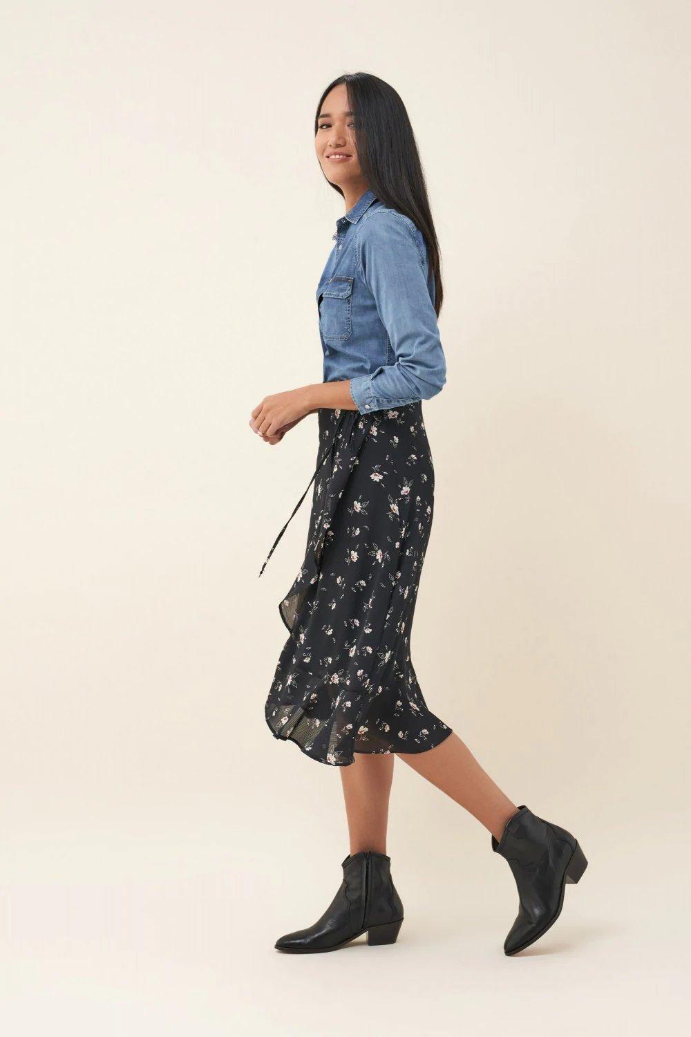 Black Floral Frilly Midi Skirt, , large image number 2