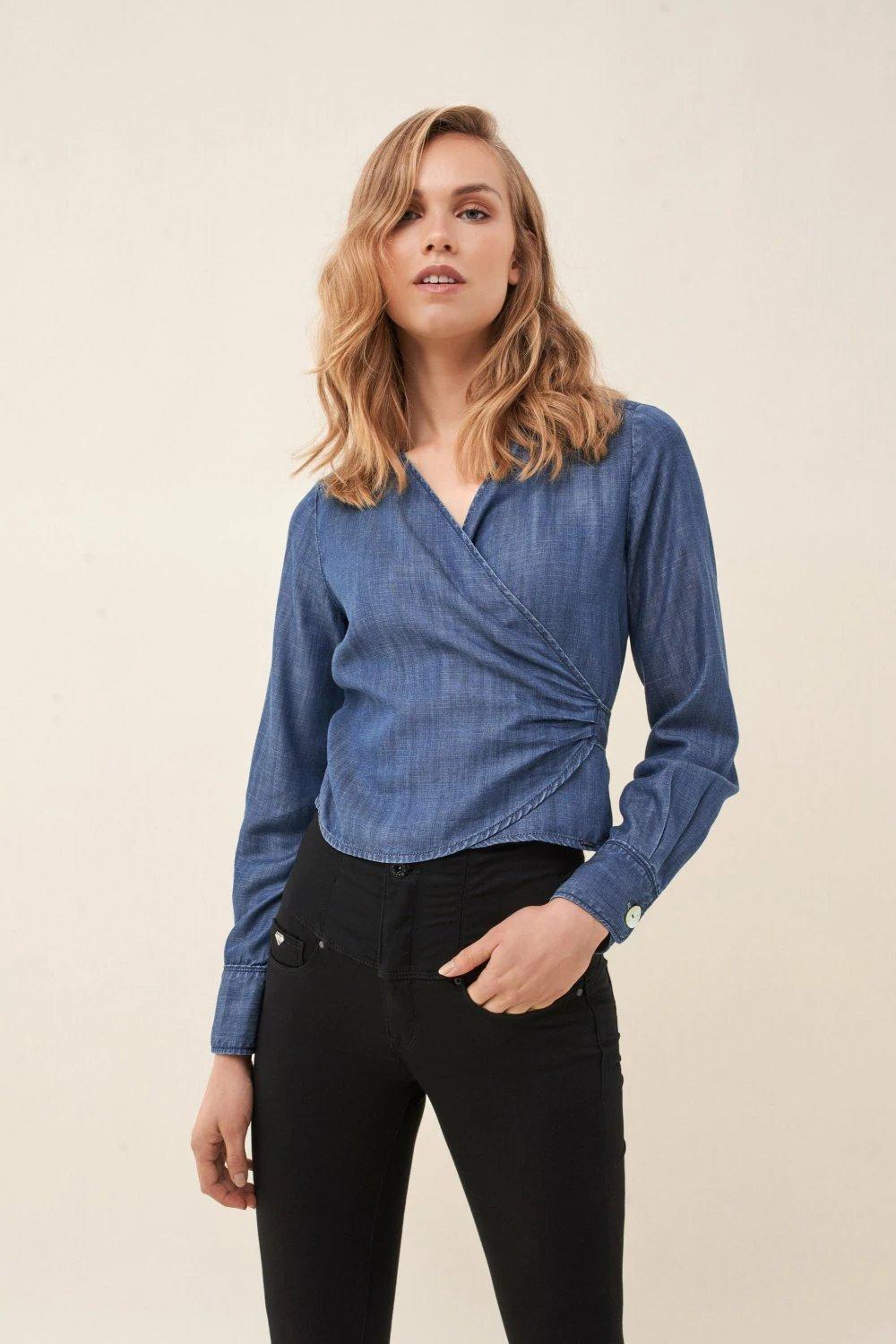 Blue V-Neck Crossed Shirt, , medium