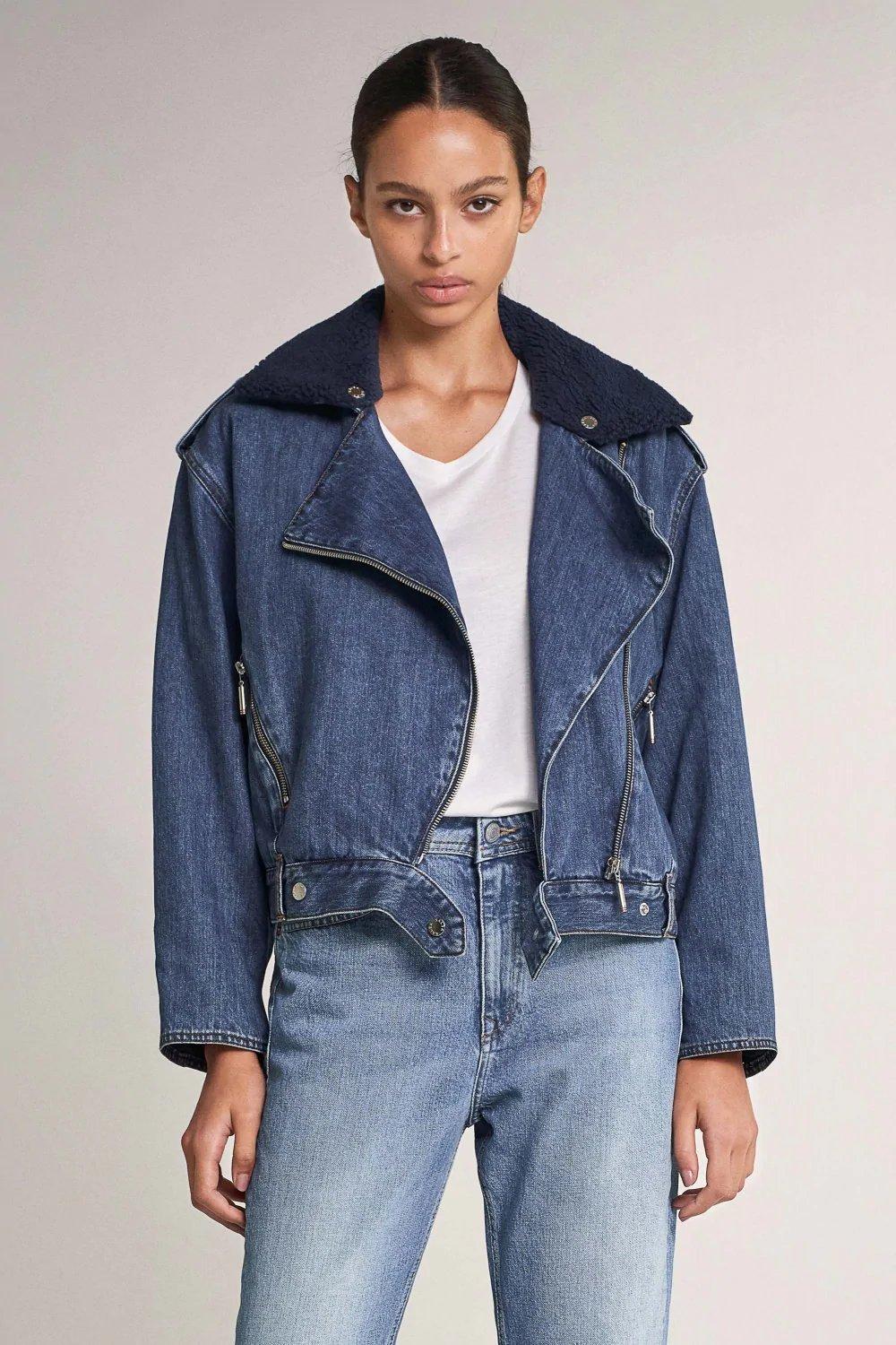 Blue Oversized Collared Denim Jacket, , medium