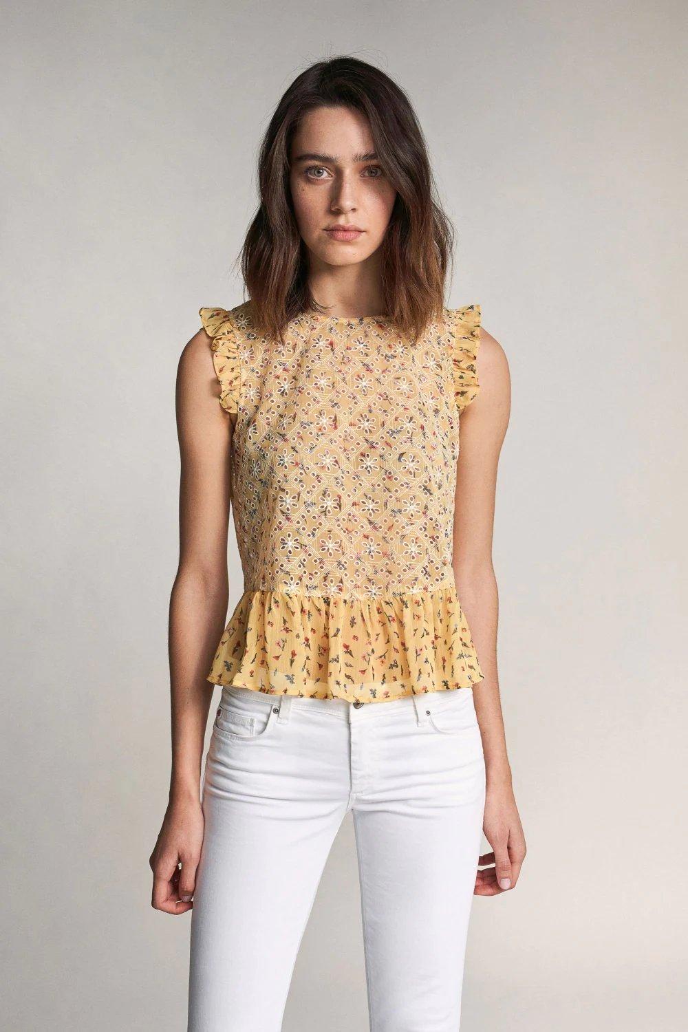 Yellow English Embroidery Sleeveless Blouse, , large image number 0
