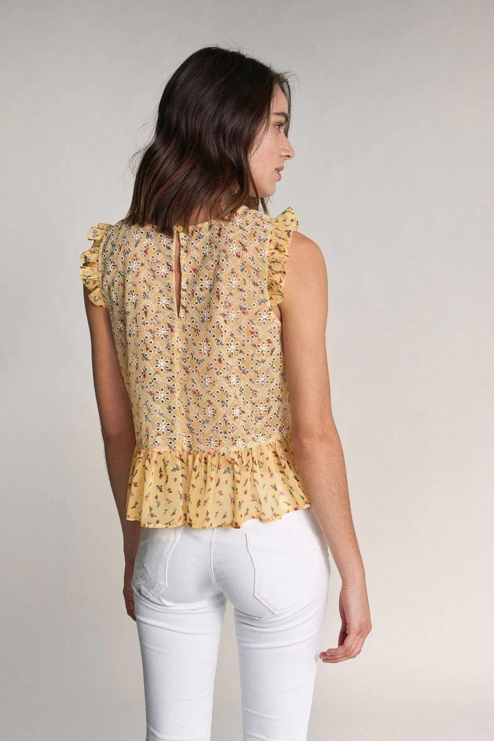 Yellow English Embroidery Sleeveless Blouse, , large image number 3