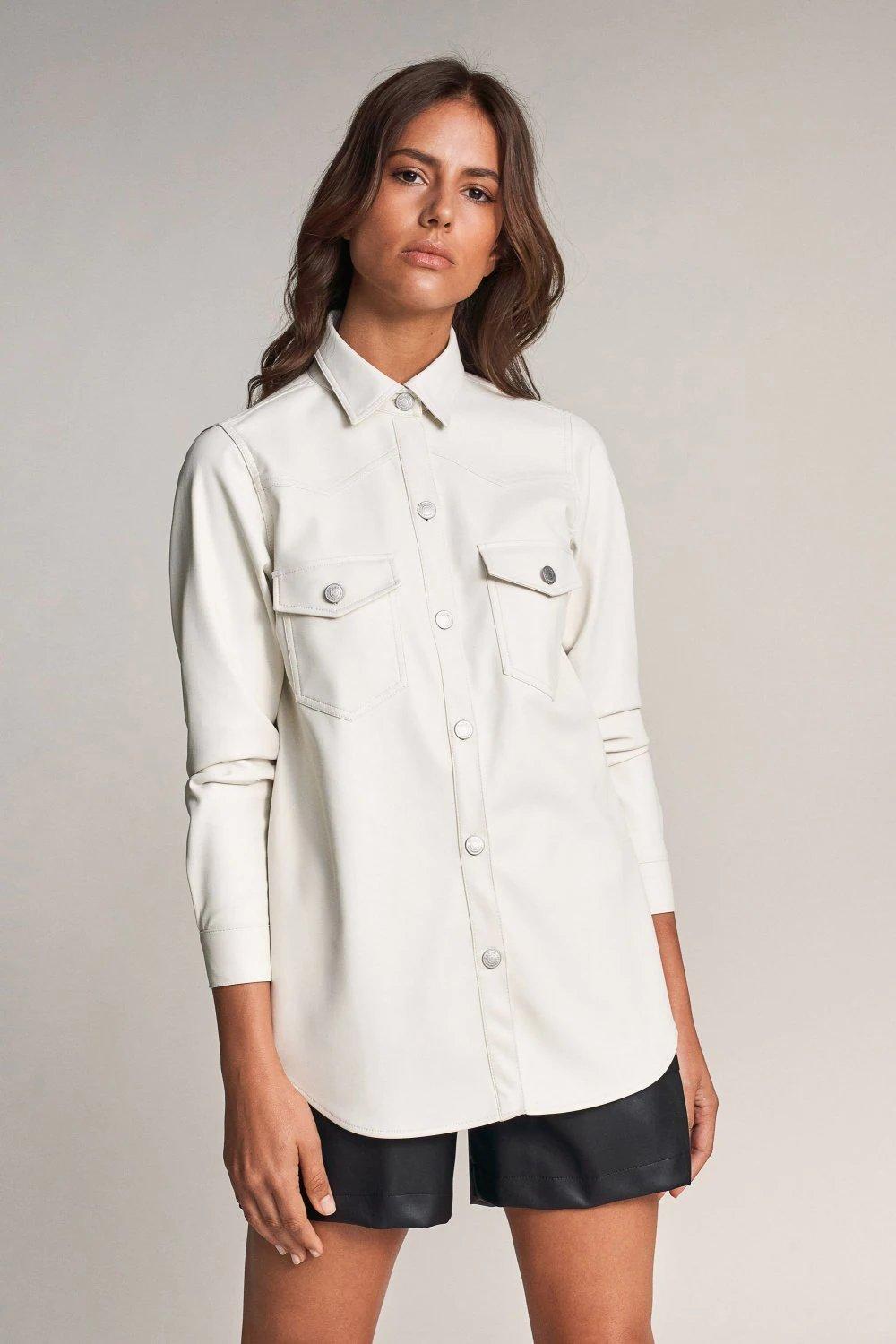 White Leather Effect Long Sleeve Shirt, , medium