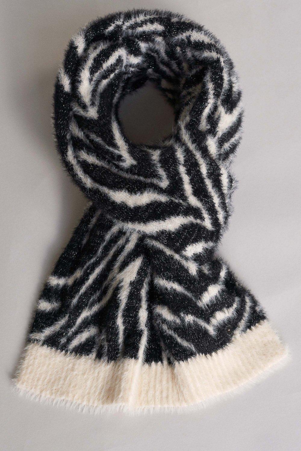 Black Warm Fluffy Zebra Print Scarf, Women, , large image number 0