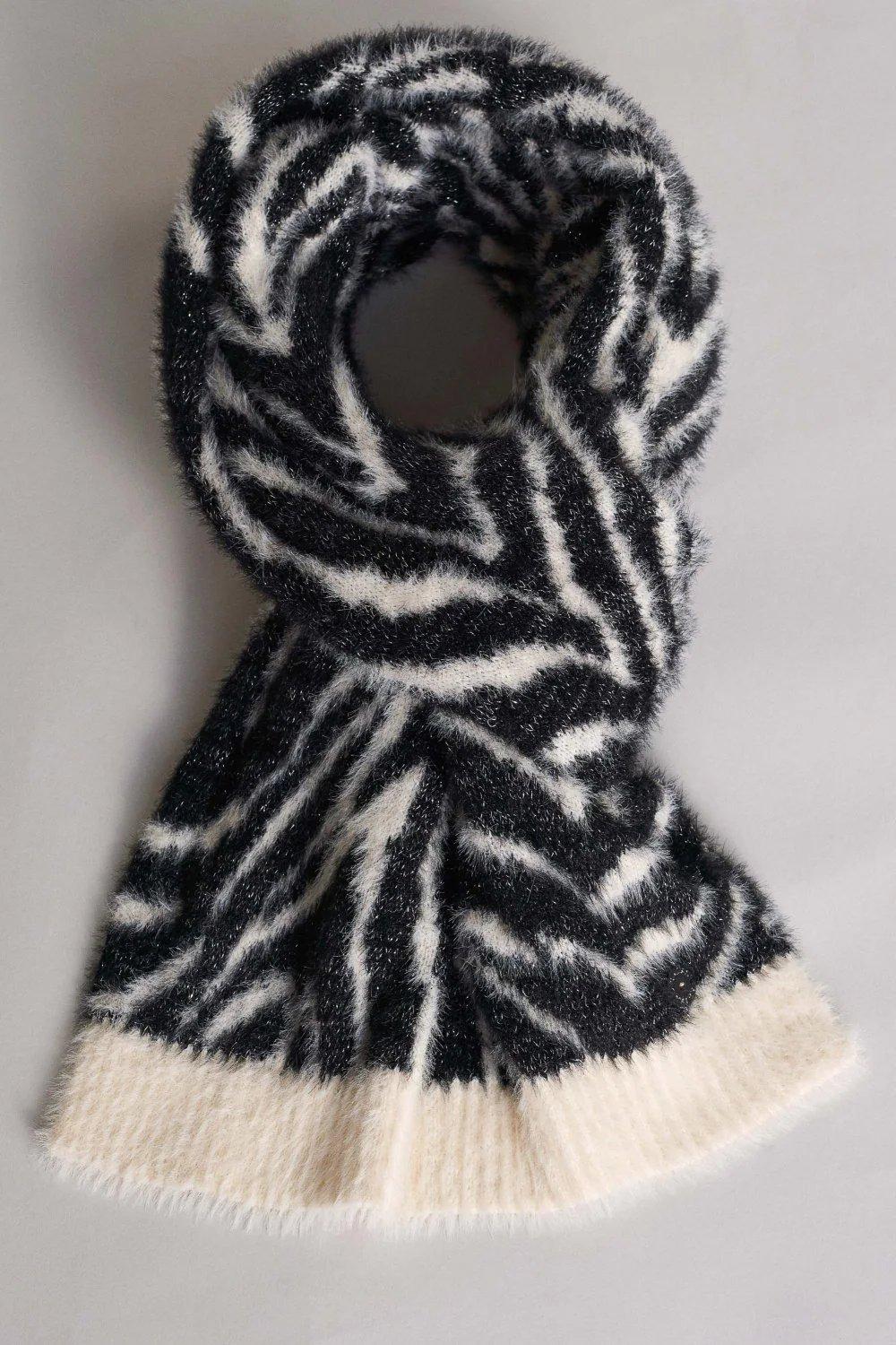 Black Warm Fluffy Zebra Print Scarf, Women, , large image number 1