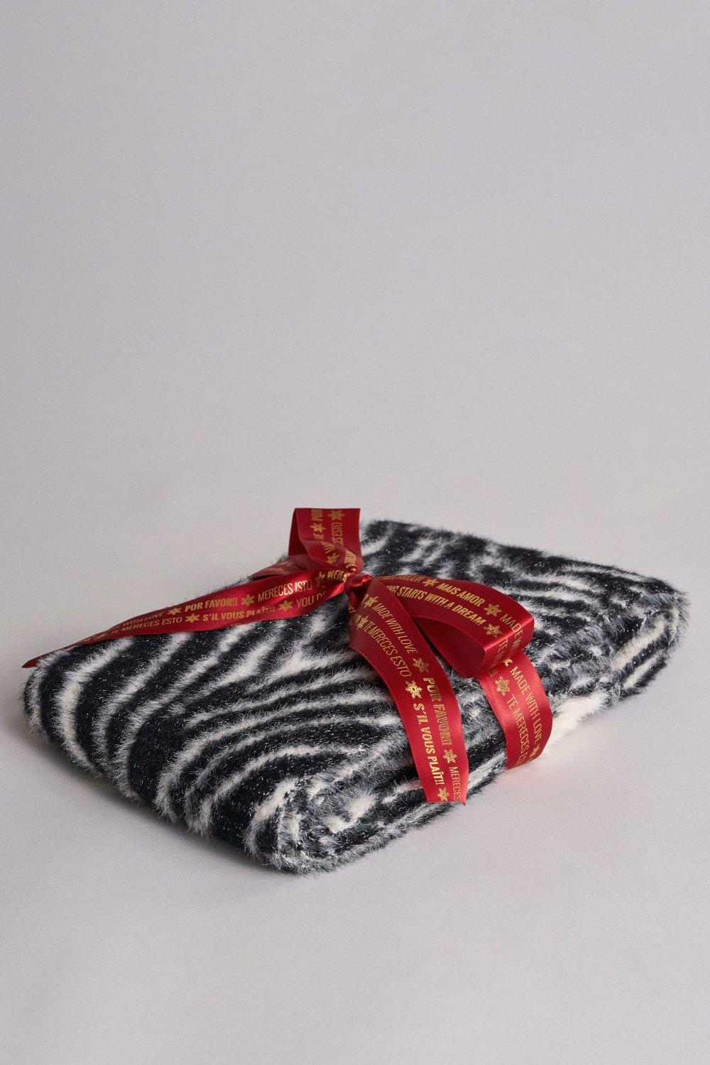 Black Warm Fluffy Zebra Print Scarf, Women, , large image number 2