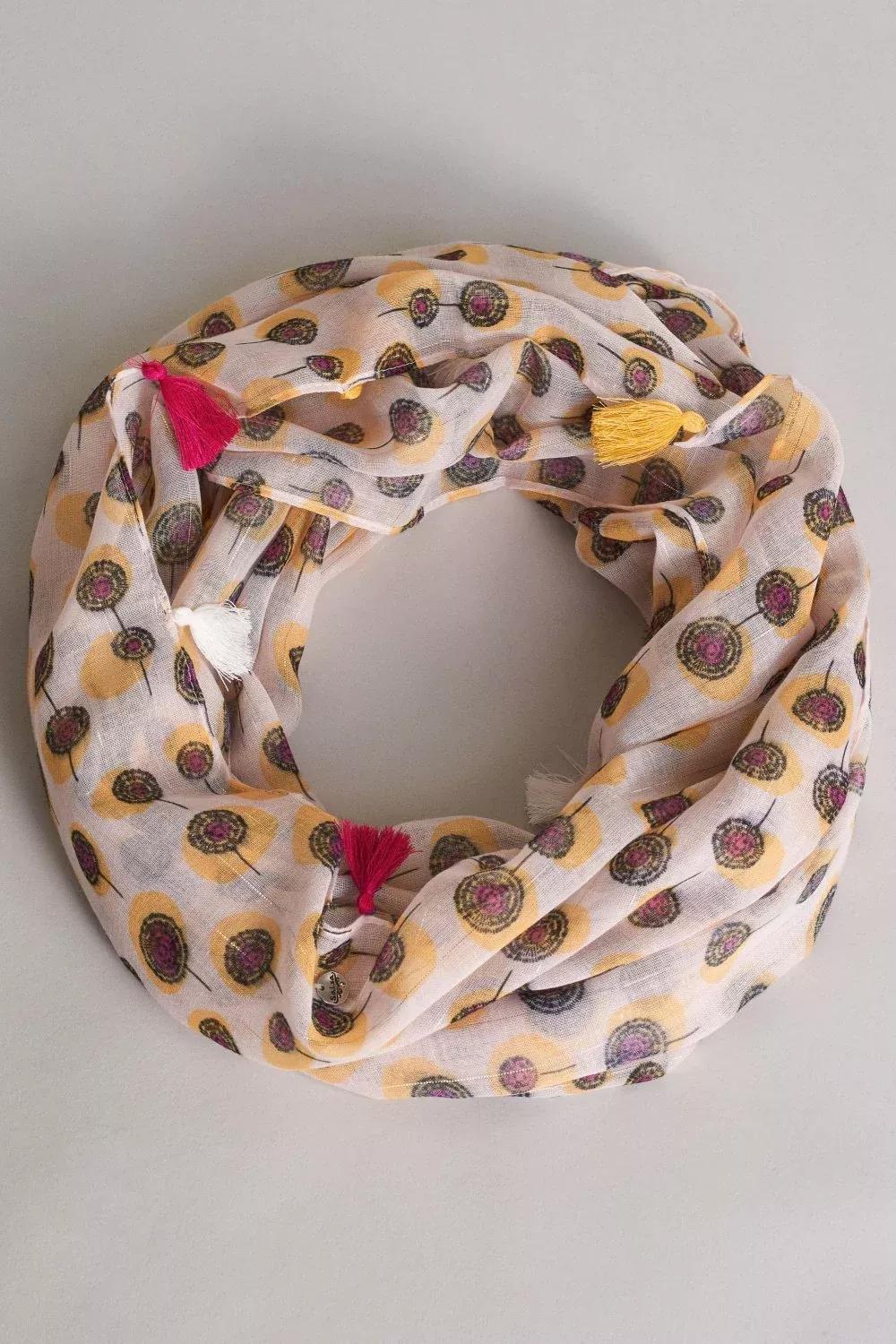 Beige Circular Scarf With Pompoms, Women, , large image number 0