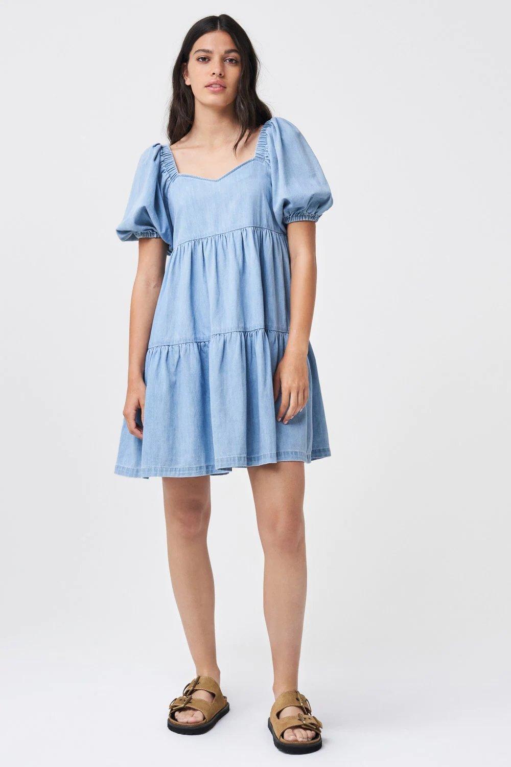 Blue Balloon Sleeve Tencel Dress, , large image number 0