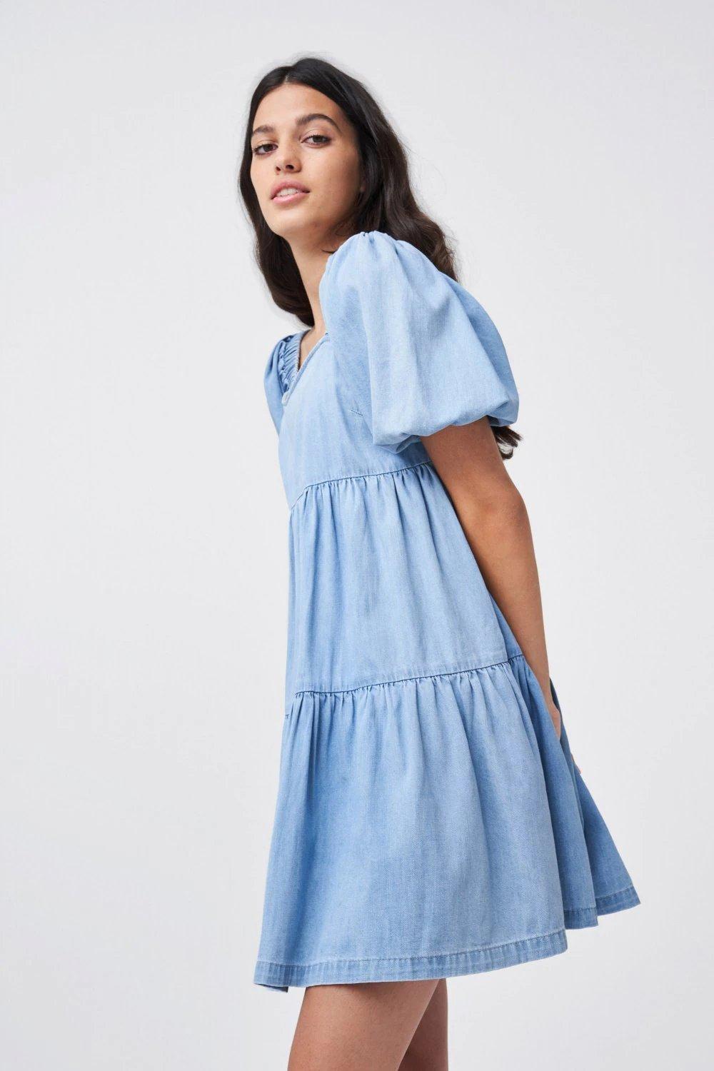 Blue Balloon Sleeve Tencel Dress, , large image number 1