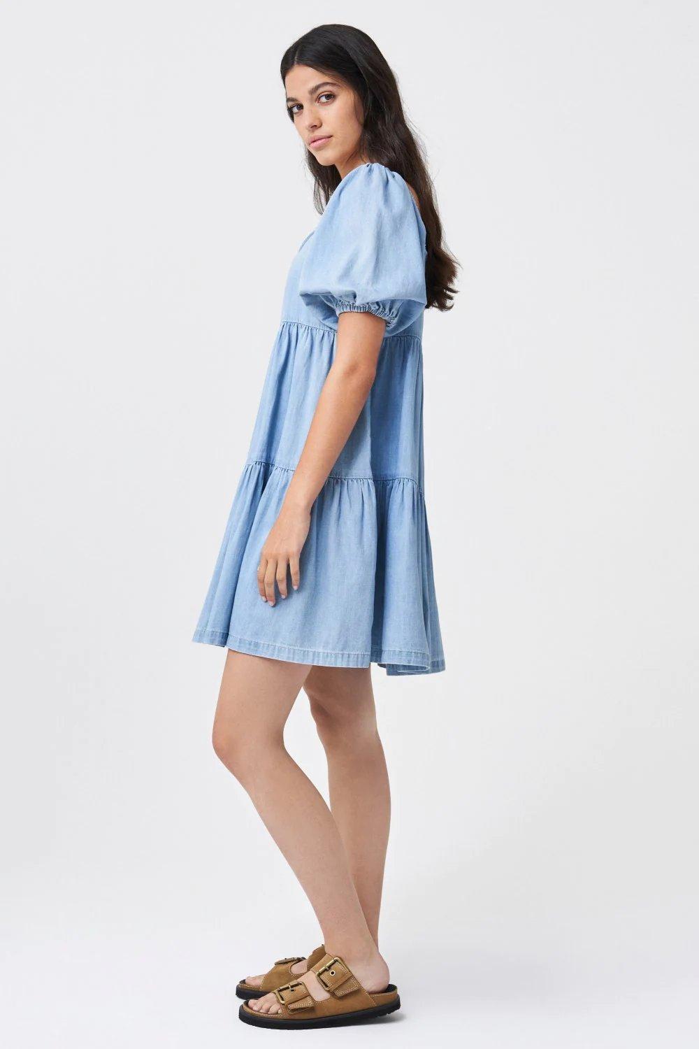 Blue Balloon Sleeve Tencel Dress, , large image number 2