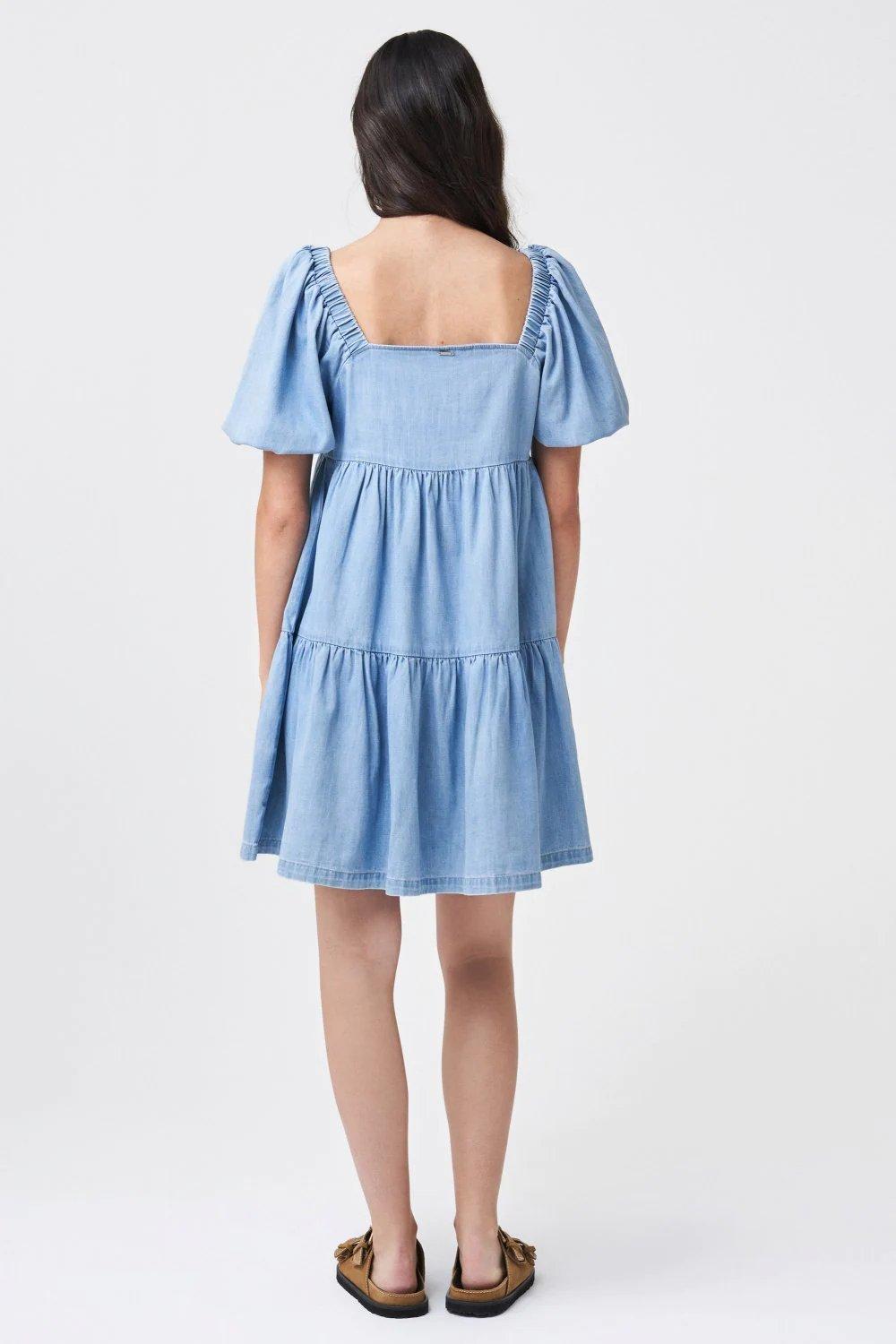 Blue Balloon Sleeve Tencel Dress, , large image number 3