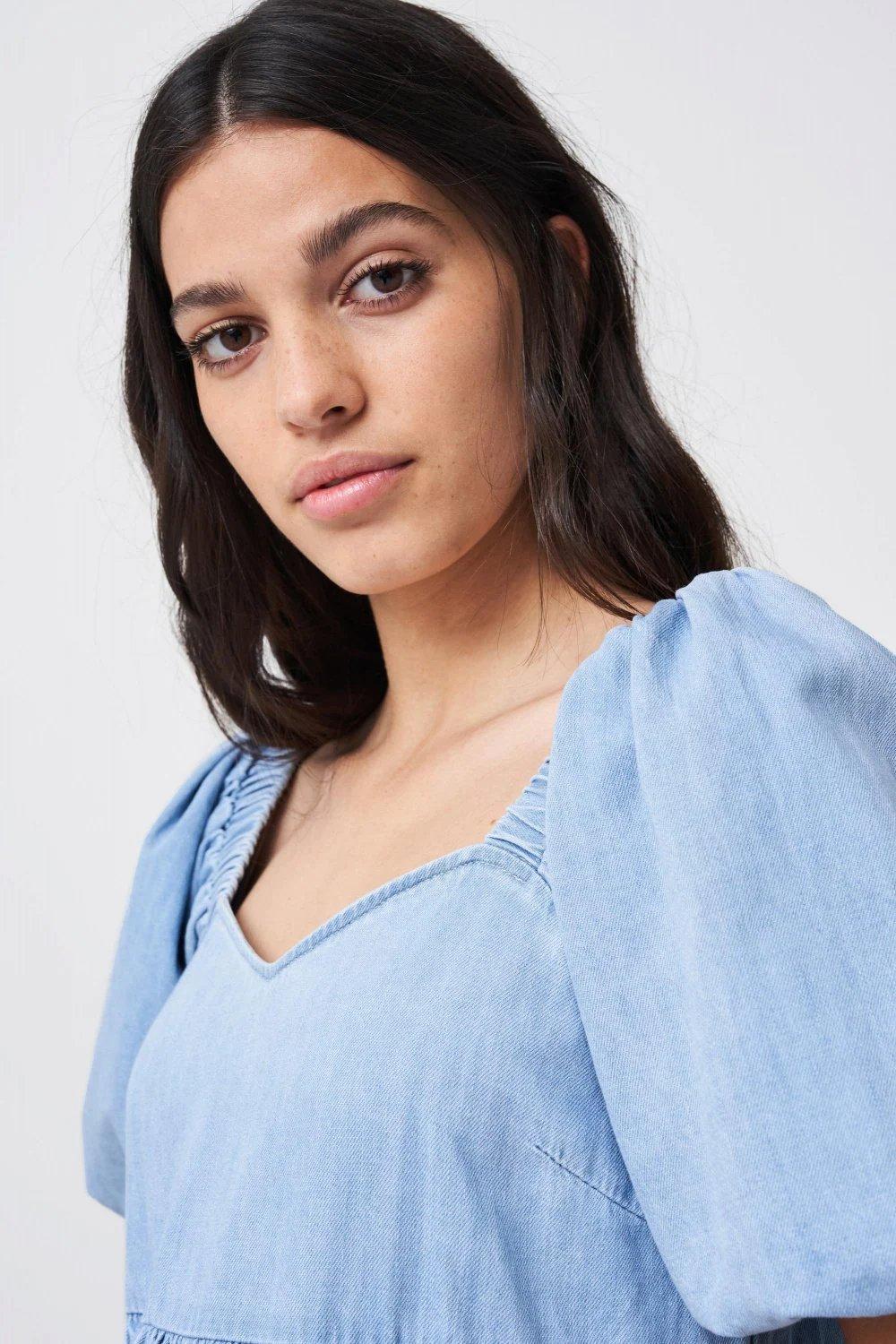Blue Balloon Sleeve Tencel Dress, , large image number 4