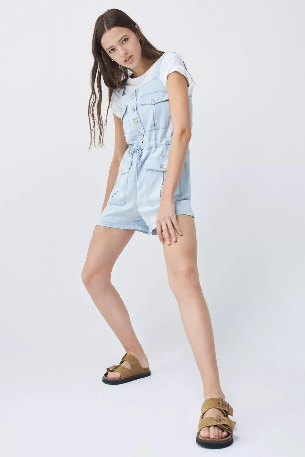 Blue Short Lyocell Dungarees, , large image number 1