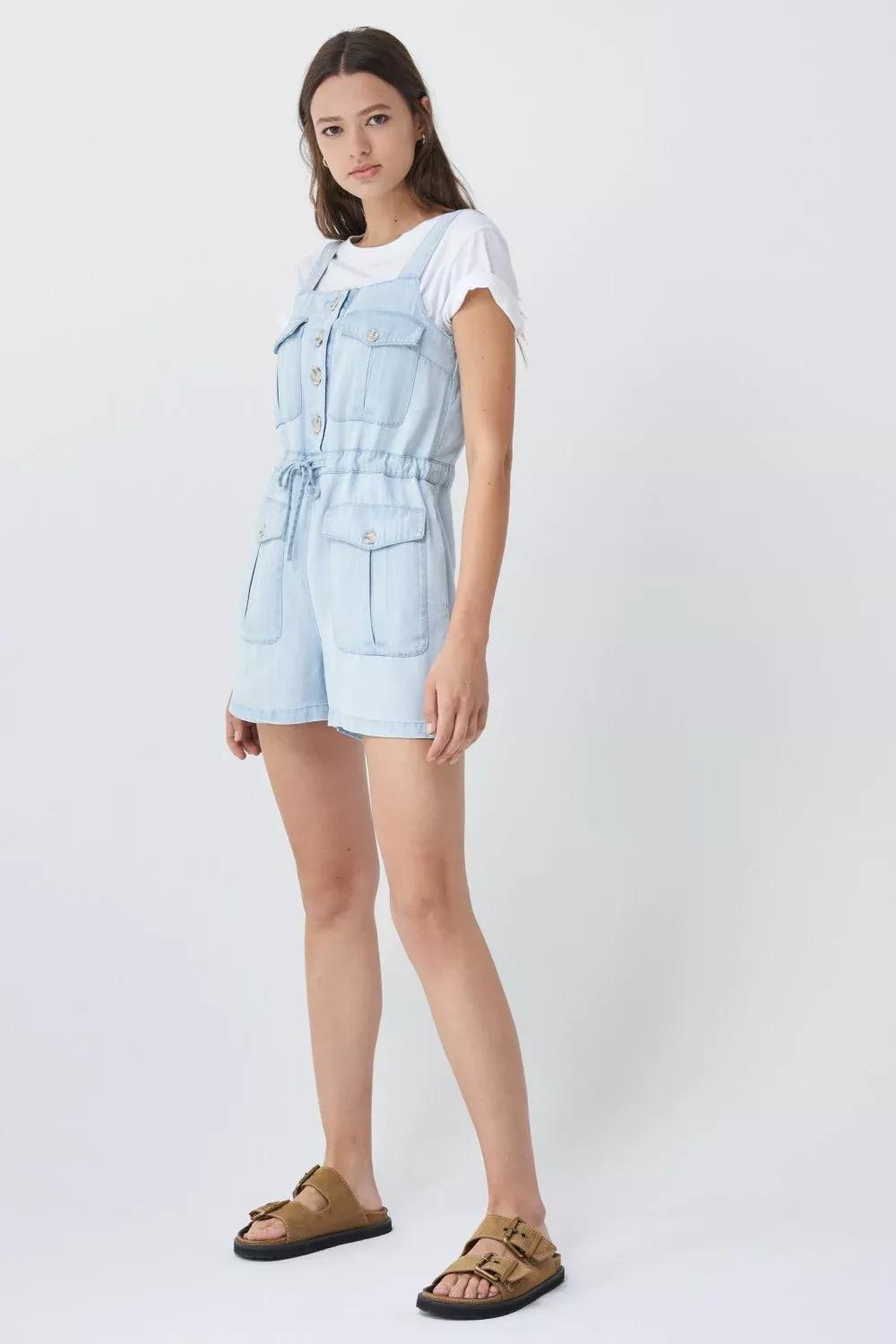 Blue Short Lyocell Dungarees, , large image number 2