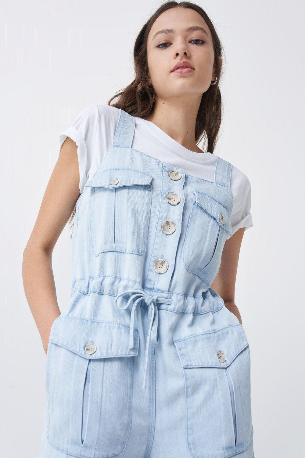 Blue Short Lyocell Dungarees, , large image number 4