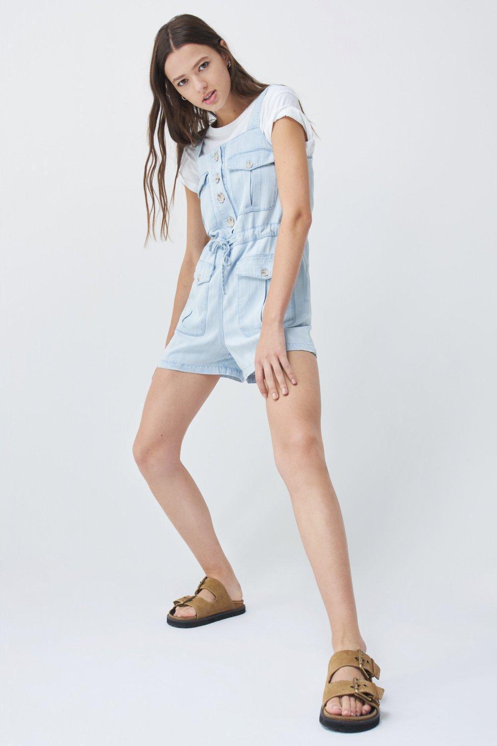 Blue Short Lyocell Dungarees, , large image number 5