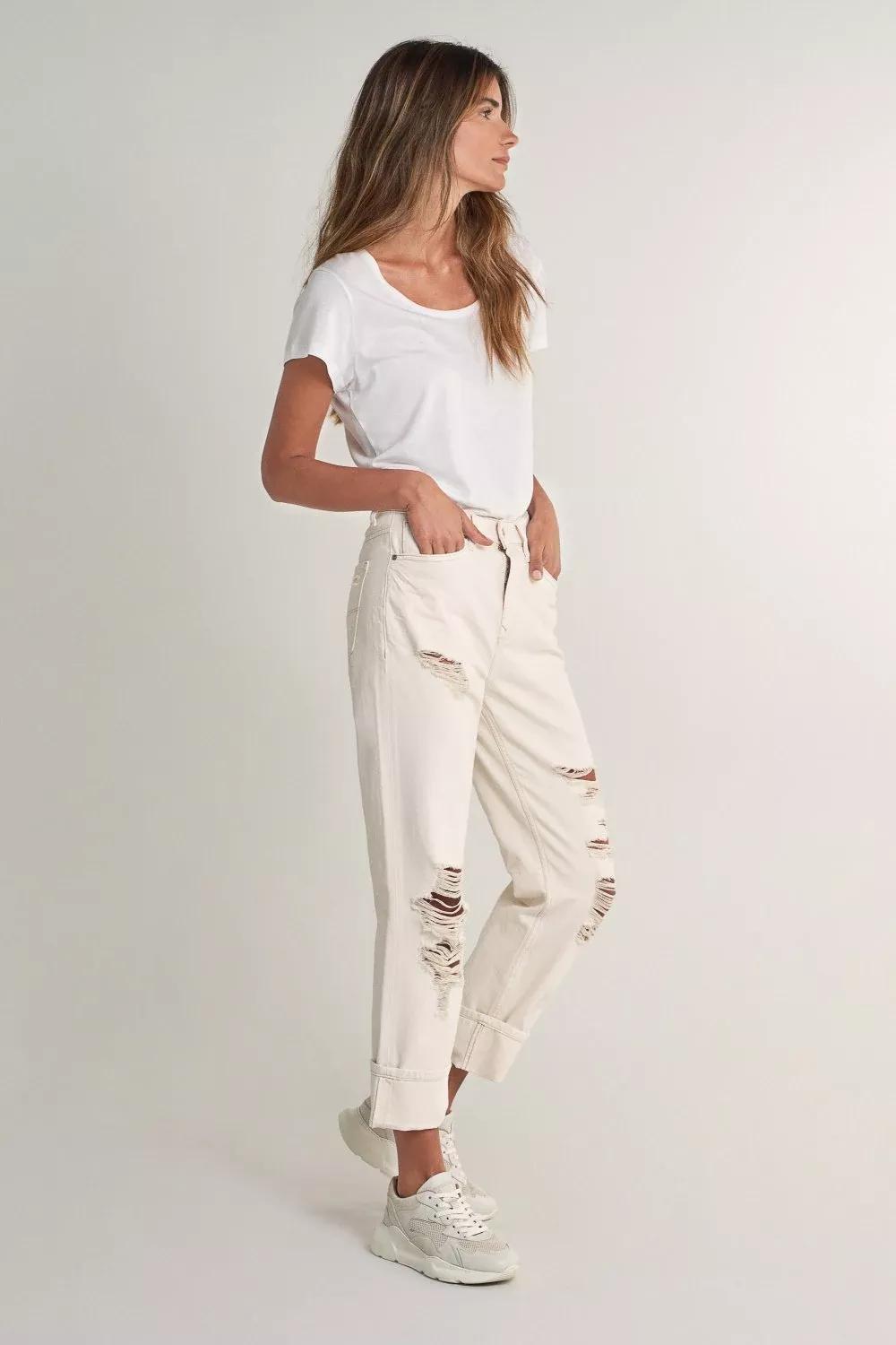 Beige Cropped Mom Ripped Jeans, , large image number 0