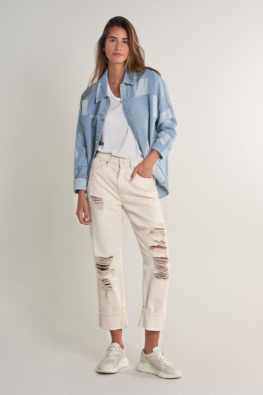 Beige Cropped Mom Ripped Jeans, , large image number 1