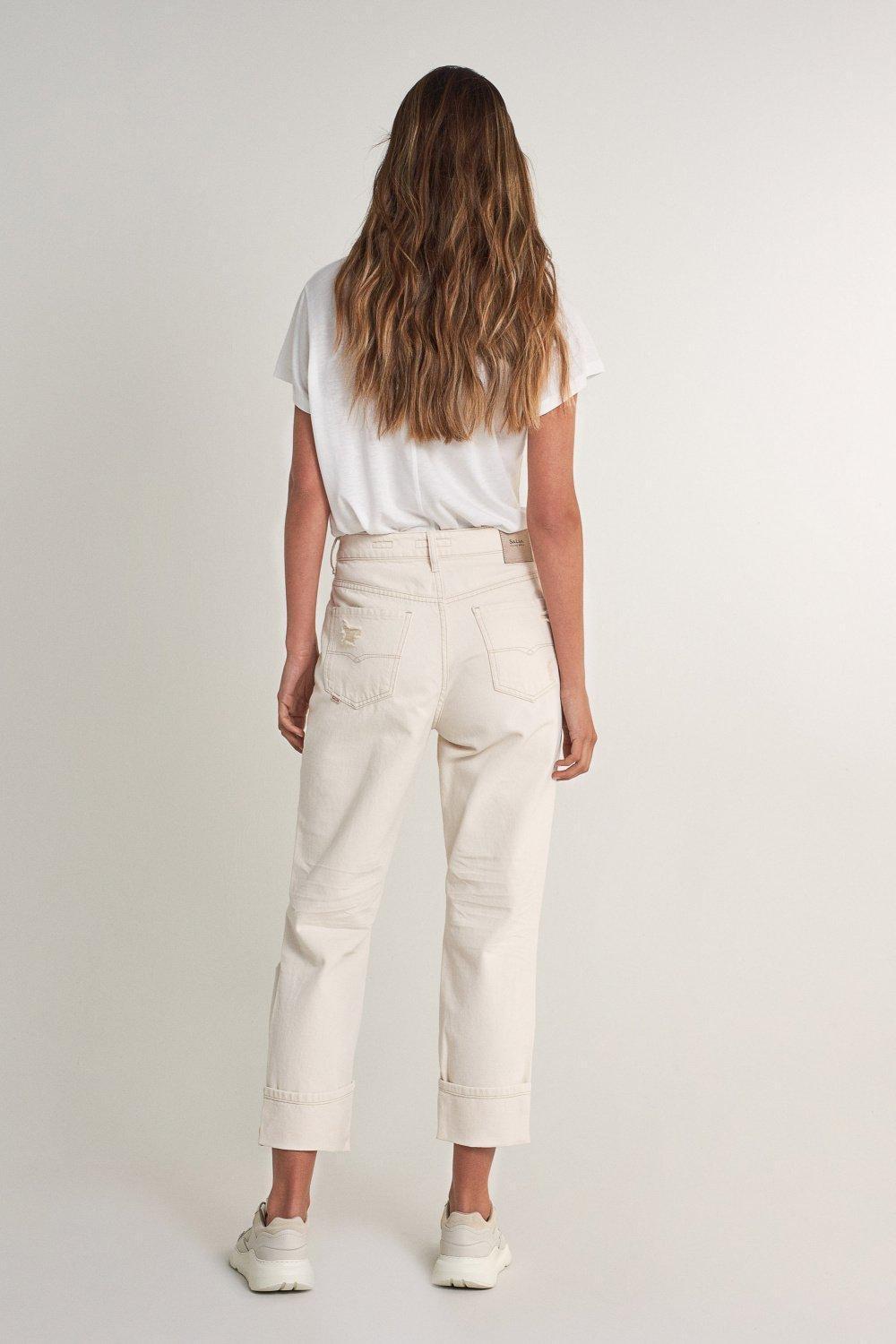 Beige Cropped Mom Ripped Jeans, , large image number 2