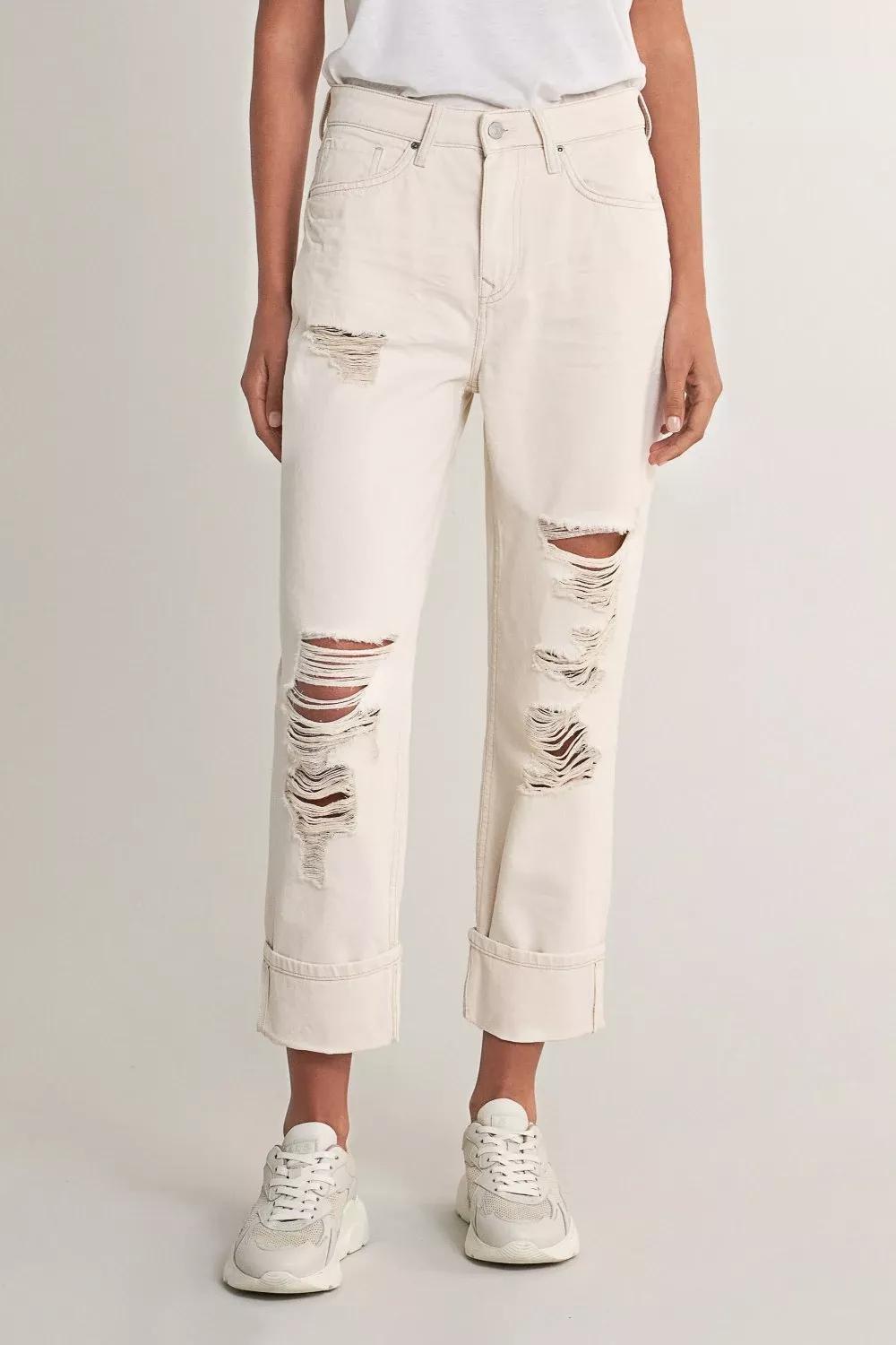 Beige Cropped Mom Ripped Jeans, , large image number 3