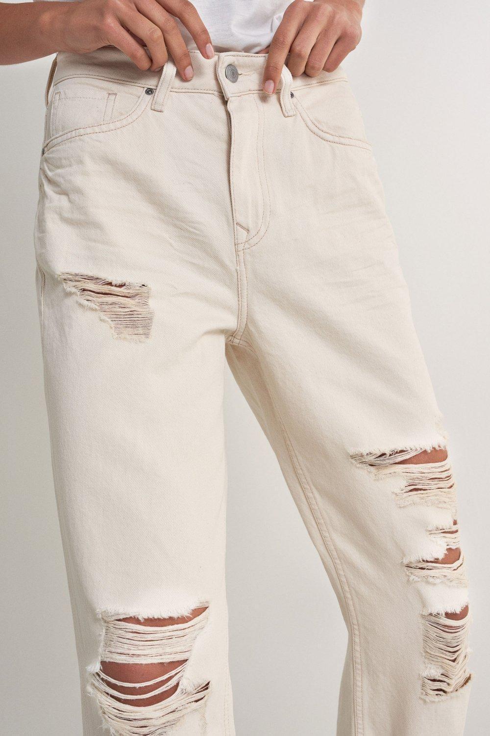 Beige Cropped Mom Ripped Jeans, , large image number 4
