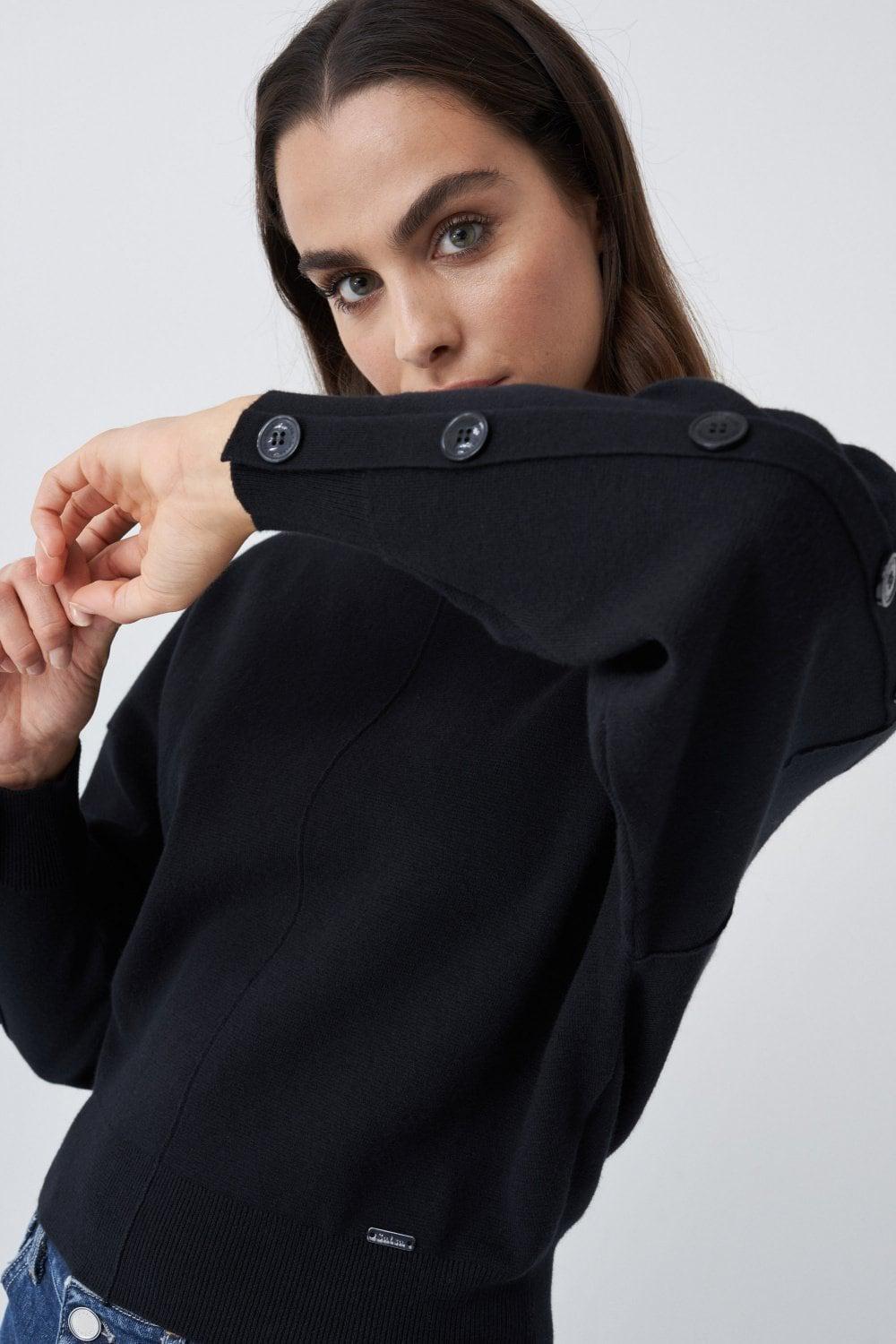 Black Buttoned Sleeves Knitted Sweater, , large image number 0