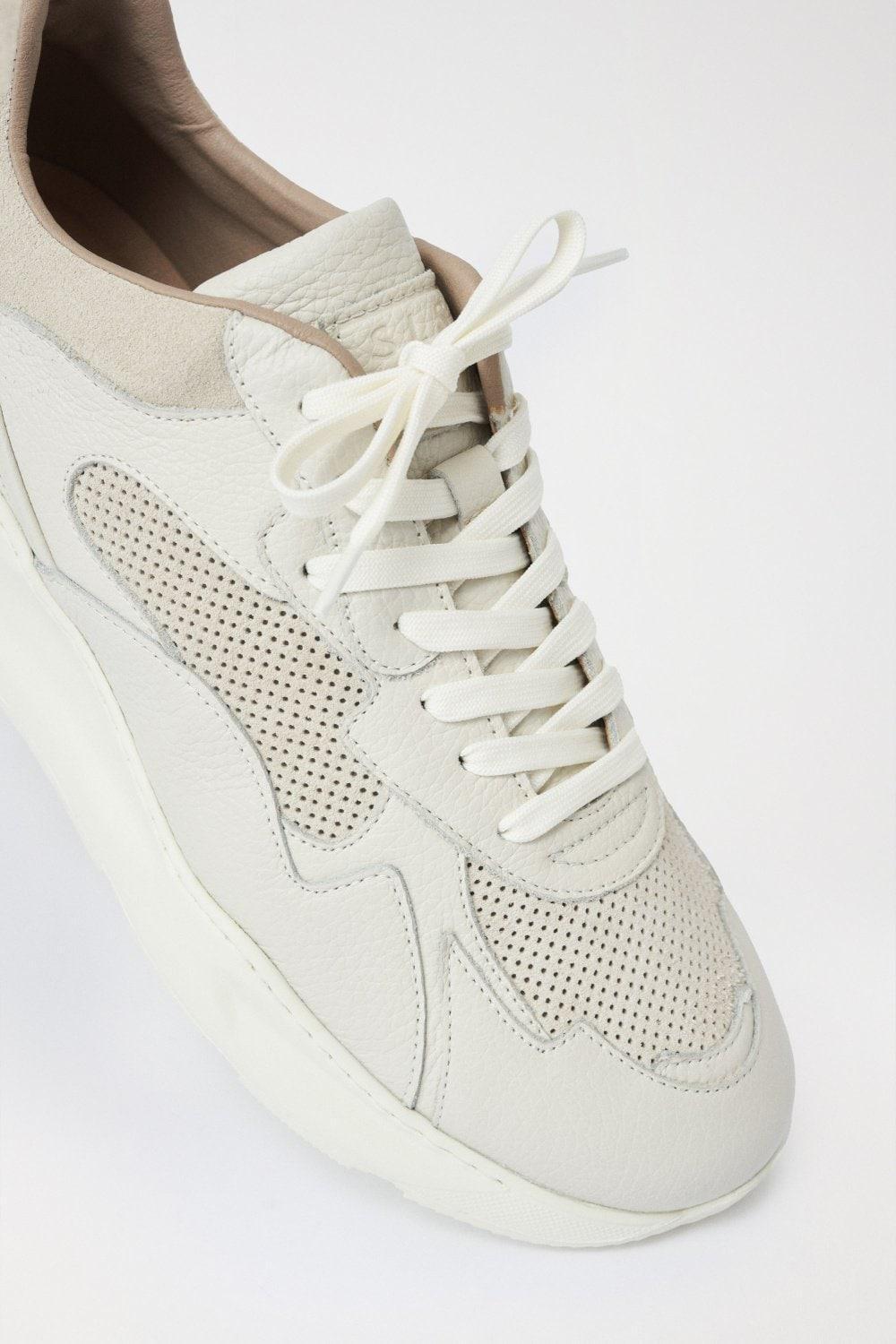 White Leather Sport Sneakers, Beige, large image number 1