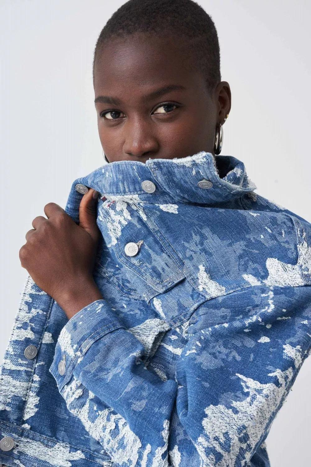 Blue Oversize Embroidered Denim Jacket, , large image number 1