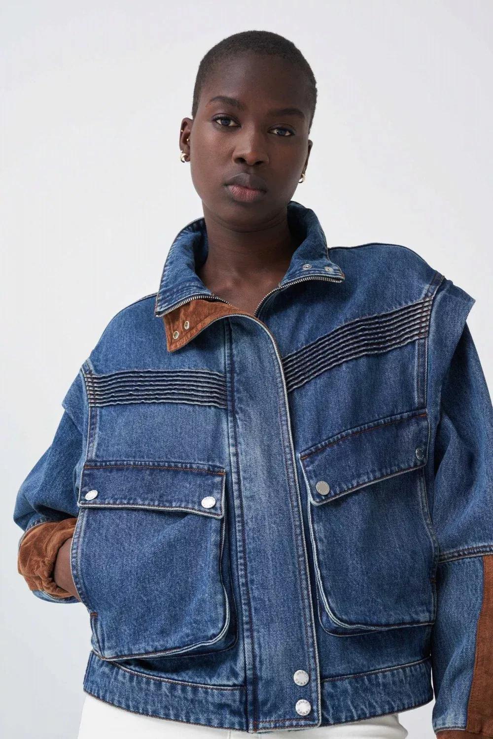 Blue Oversize Denim Jacket With Suede Details, Women, , large image number 0