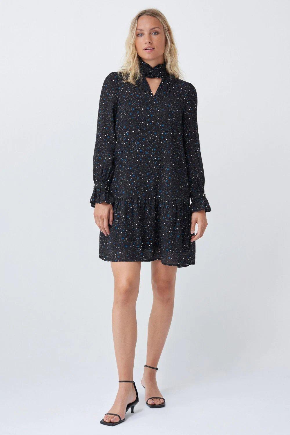 Black Star Print Collared Dress, , large image number 0