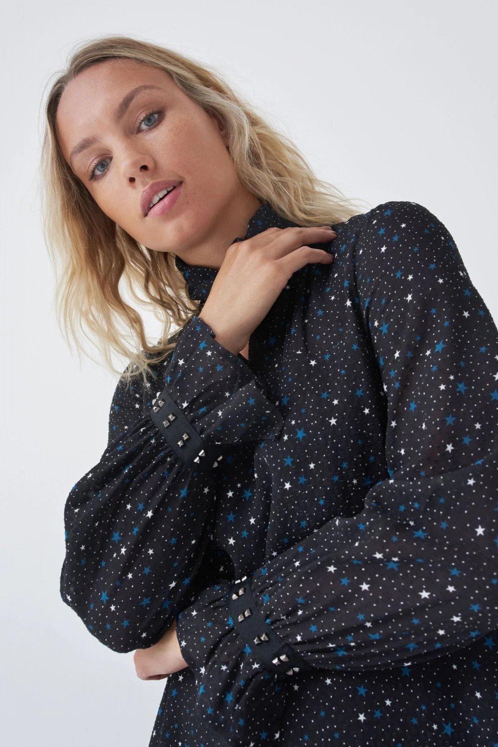 Black Star Print Collared Dress, , large image number 4