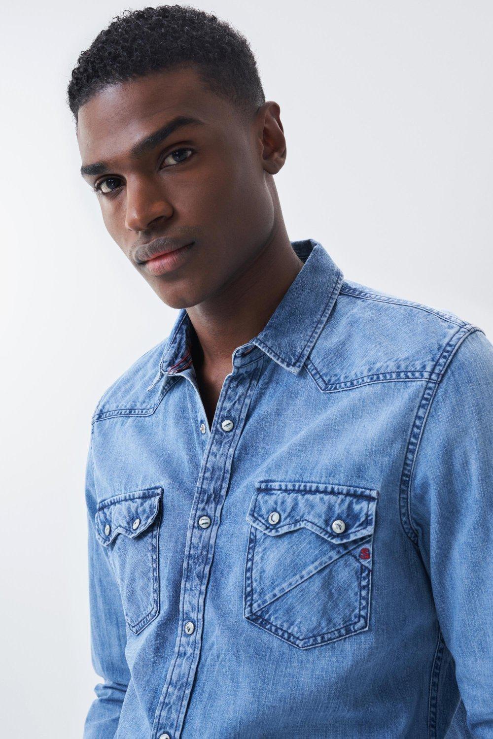 Blue Slim Denim S-Repel Shirt, Blue, large image number 0