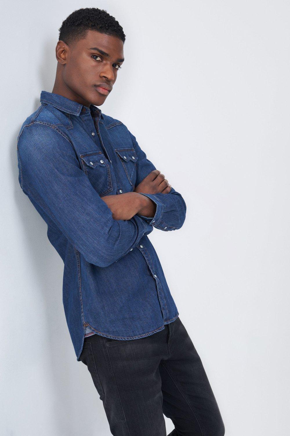 قميص جينز أزرق سليم ، مقاس S ، للرجال, , large image number 0