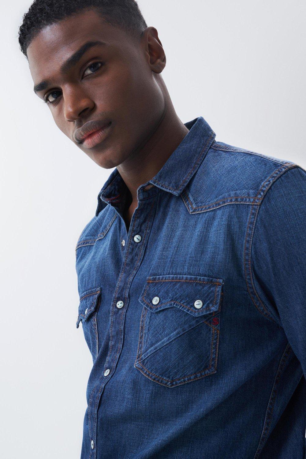 قميص جينز أزرق سليم ، مقاس S ، للرجال, , large image number 1