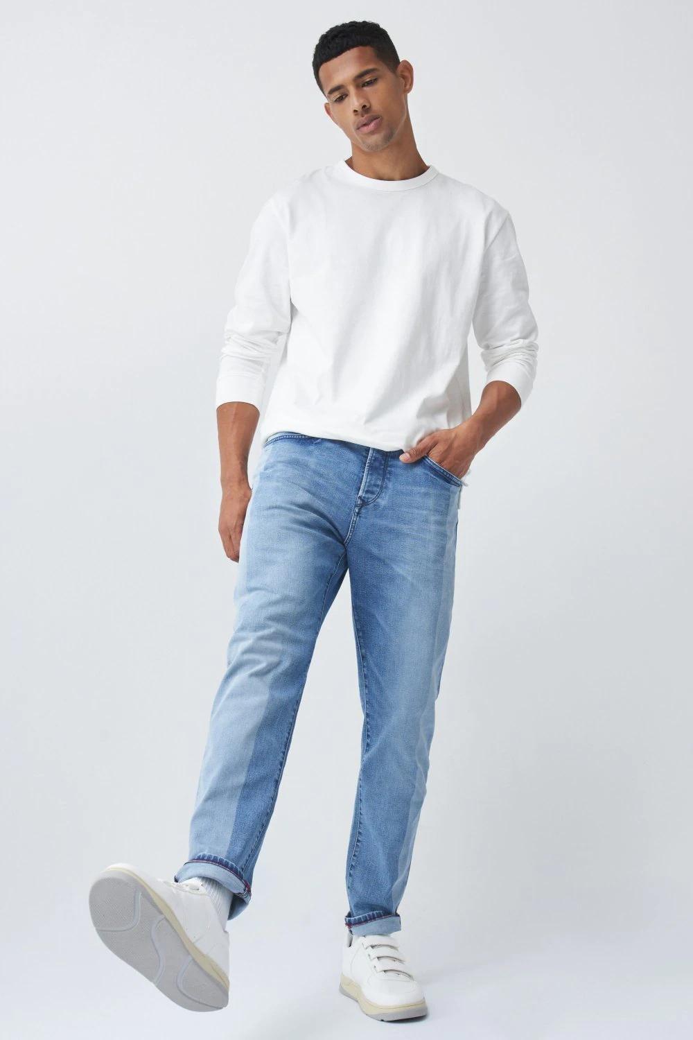 Blue Laser Effect Tapered Jeans, , large image number 0