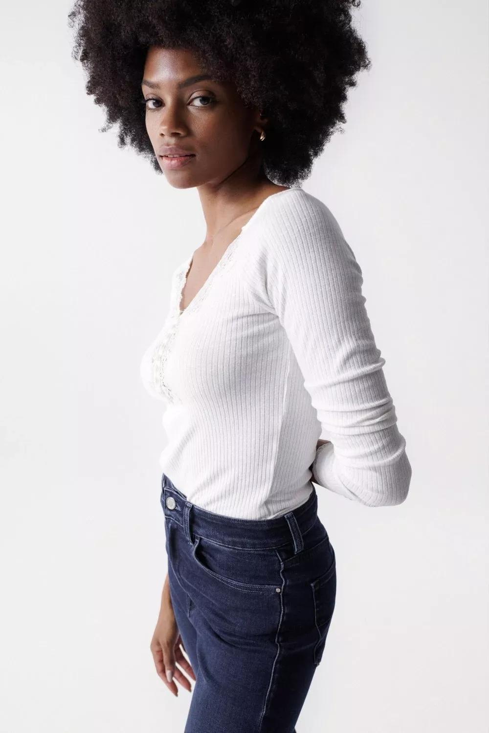 Beige Lace Neck Sweater, , large image number 1