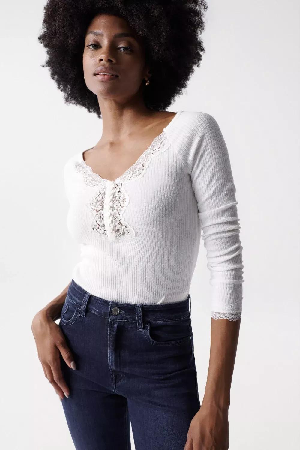 Beige Lace Neck Sweater, , large image number 6