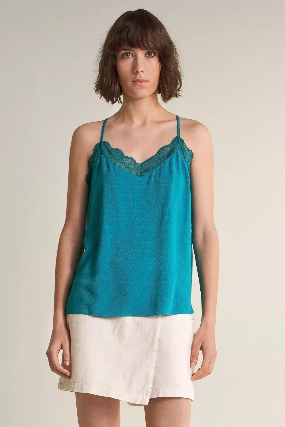 Blue Lace Detailed Neckline Top, , large image number 0
