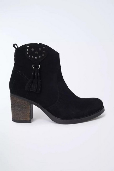 Salsa Jeans - Black Suede Open Toe Ankle Boots With Tassels And Studs, Medium Heel