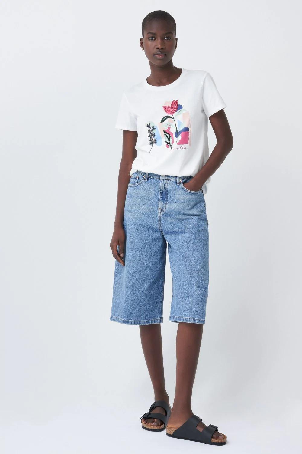 Beige Floral Graphic Cotton T-Shirt, , large image number 0