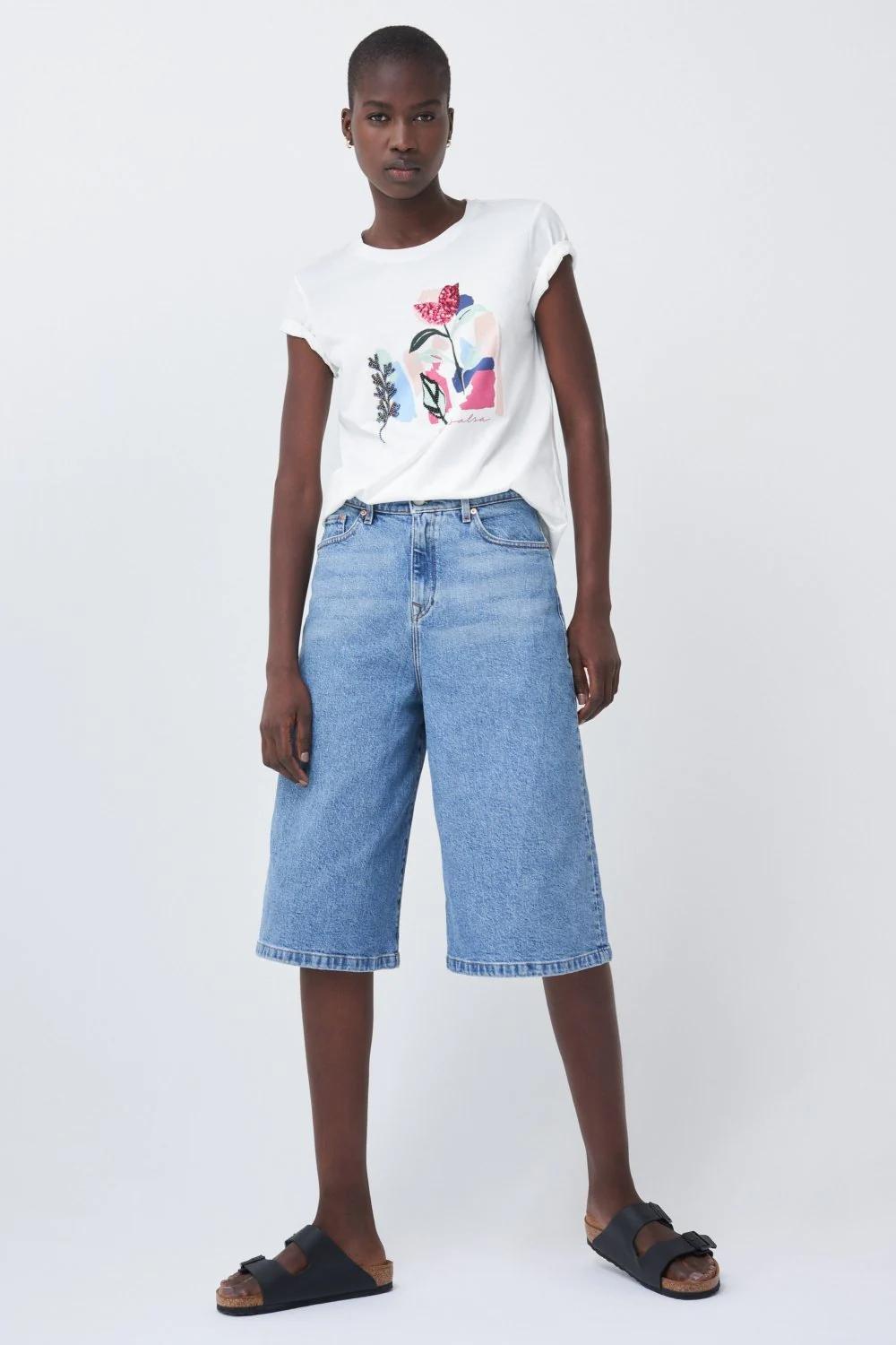 Beige Floral Graphic Cotton T-Shirt, , large image number 1