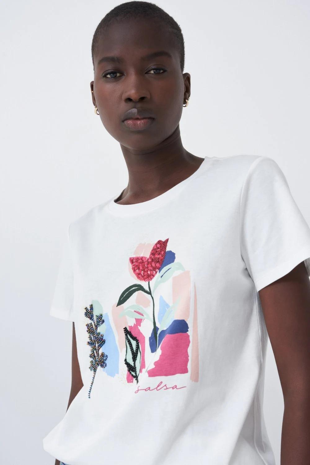 Beige Floral Graphic Cotton T-Shirt, , large image number 4