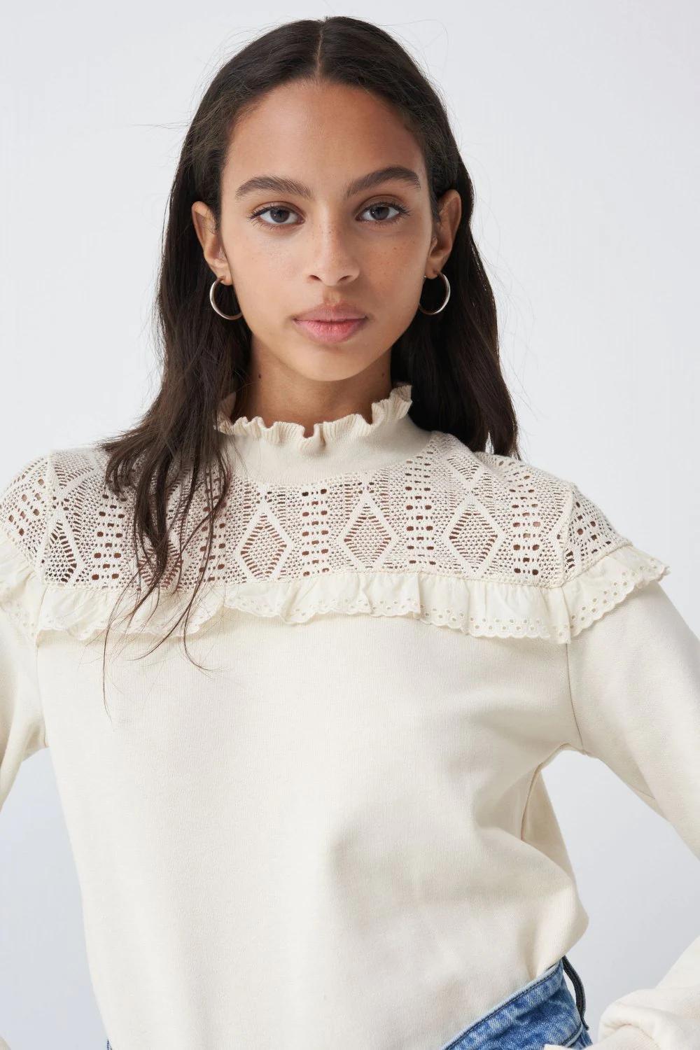 White Sweatshirt With Lace Detail, Women, , large image number 0